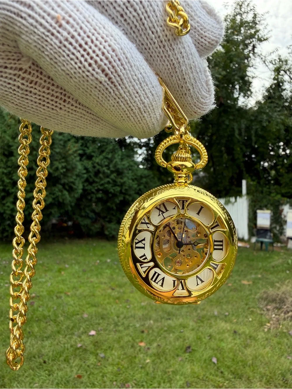 Men's Gold-Tone Vintage Mechanical Pocket Watch – Skeleton Dial with Roman Numer